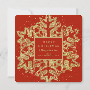 Red Gold Christmas Glitter Snowflake Family Holiday Card