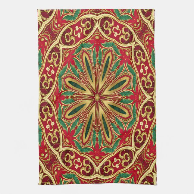 Red Gold Christmas Holiday Kitchen Towel (Vertical)