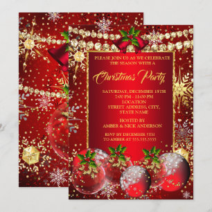 Red Gold Christmas Holiday Party Baubles Holly  Invitation