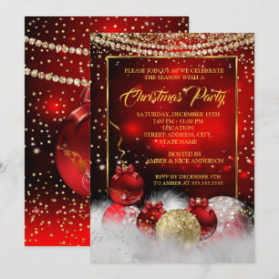 Red Gold Christmas Holiday Party Snow Invitation