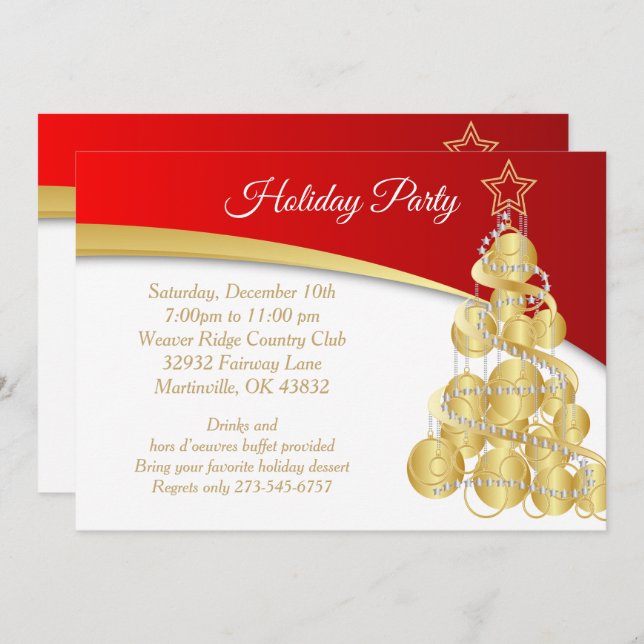 Red Gold Christmas Holiday Tree Invitation (Front/Back)