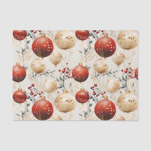 Red Gold Christmas Ornaments Holly Berry Decoupage Tissue Paper (Front)