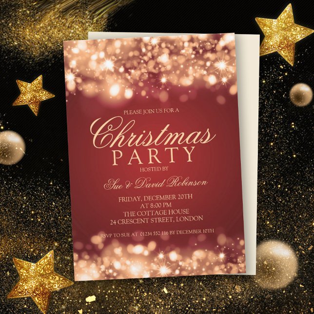 Red Gold Christmas Party Sparkling Lights Invitation (Creator Uploaded)