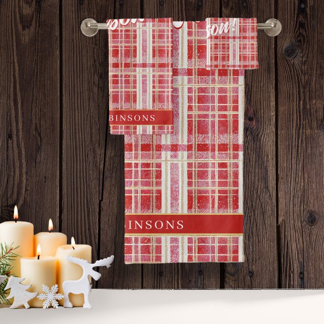 Red Gold Christmas Plaid Pattern#2 ID1009 Bath Towel Set (Creator Uploaded)