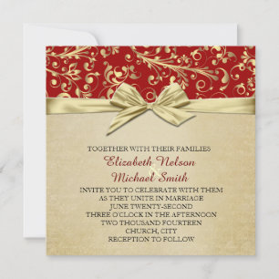 Red/Gold Christmas Ribbon Damask Wedding Invite