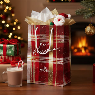 Red Gold Christmas Tartan Pattern#7 ID1009 Medium Gift Bag