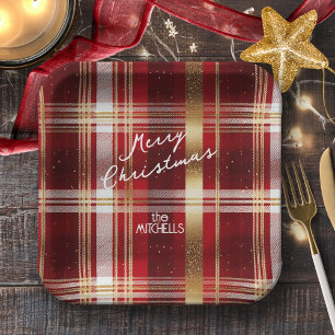 Red Gold Christmas Tartan Pattern#7 ID1009 Paper Plate