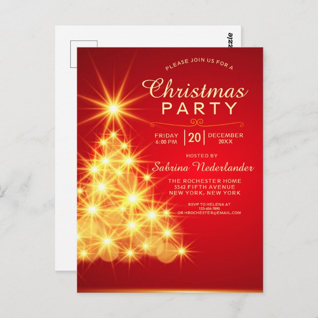 Red Gold Christmas Tree Holiday Party Invitation Postcard (Front/Back)
