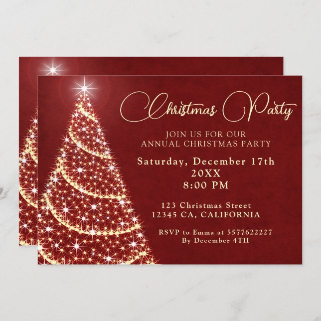 Red & Gold Christmas Tree Ornaments Party  Invitation (Front/Back)