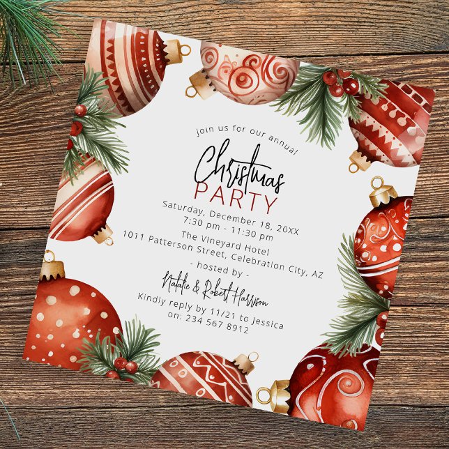 Red & Gold Christmas Tree Ornaments Party Invitation (Creator Uploaded)