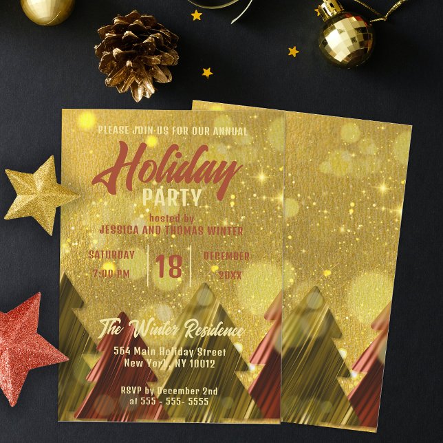 Red Gold Christmas Trees Holiday Party Invitation (Creator Uploaded)