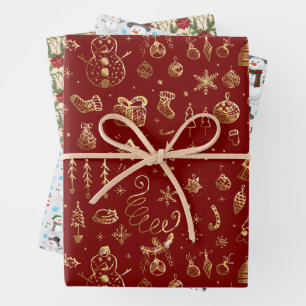 Red & Gold Christmas Wrapping Paper Set of 3