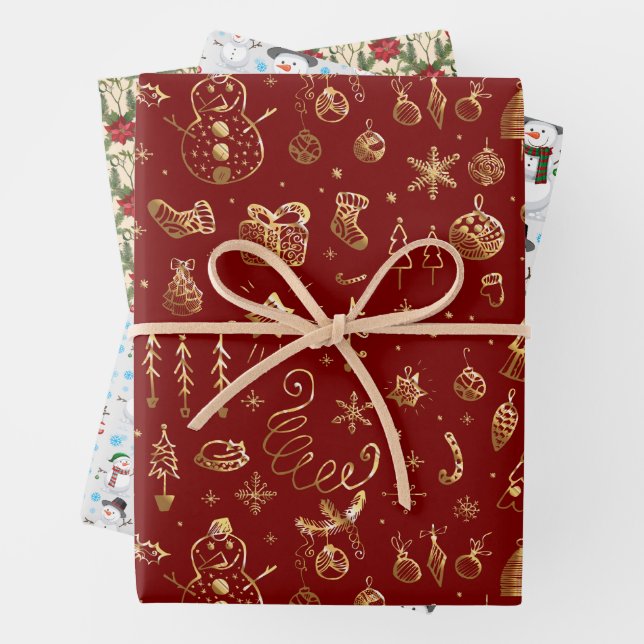 Red & Gold Christmas Wrapping Paper Set of 3 (In situ)