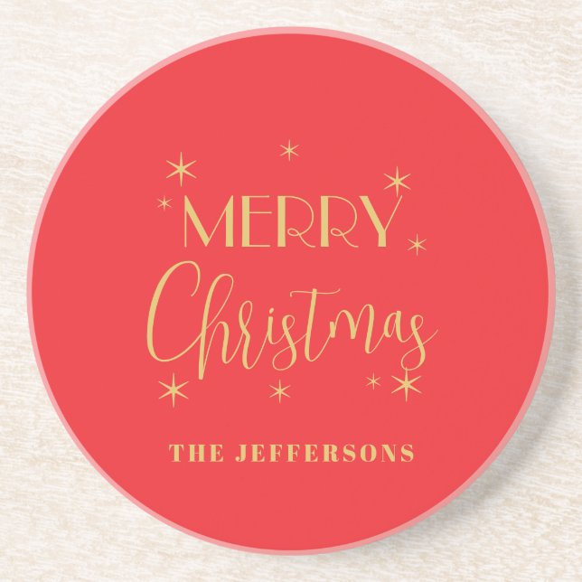 Red & Gold Colors Merry Christmas Family Name Coaster (Front)