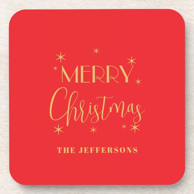Red & Gold Colors Merry Christmas Family Name Coaster (Front)