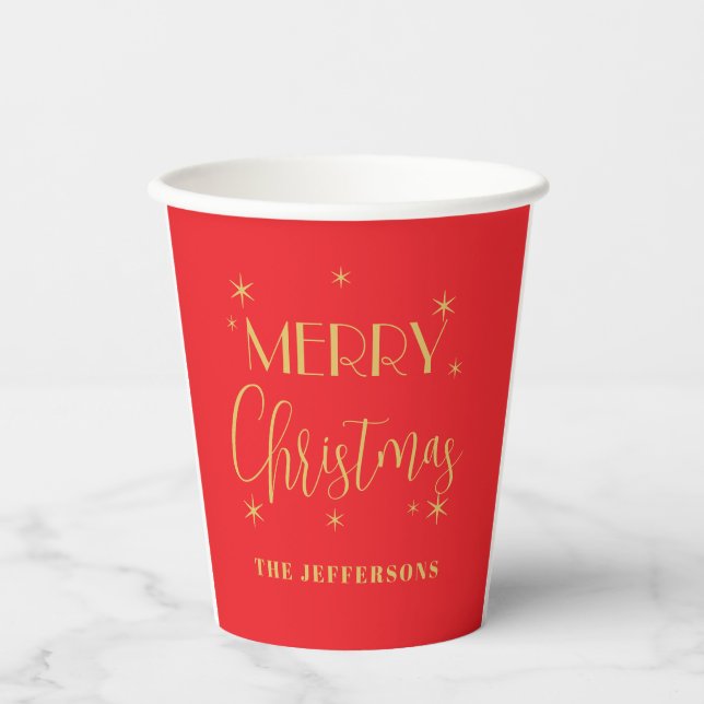 Red & Gold Colors Merry Christmas Family Name Paper Cups (Front)