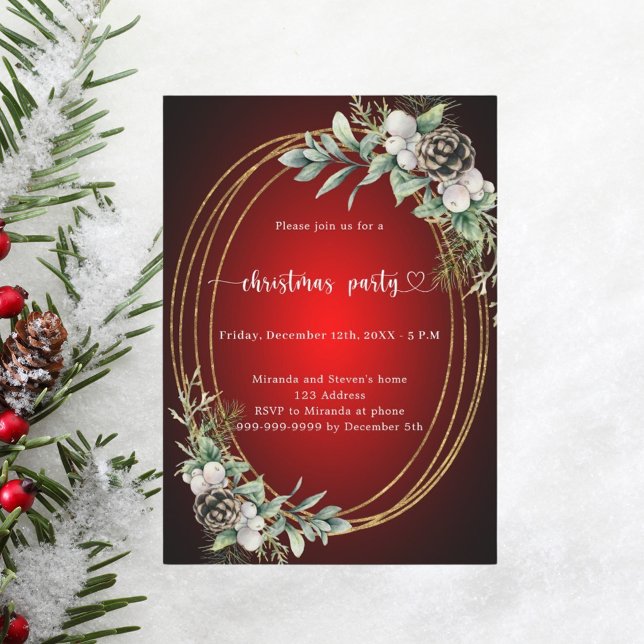 Red gold cone greenery Christmas Party Invitation (Creator Uploaded)