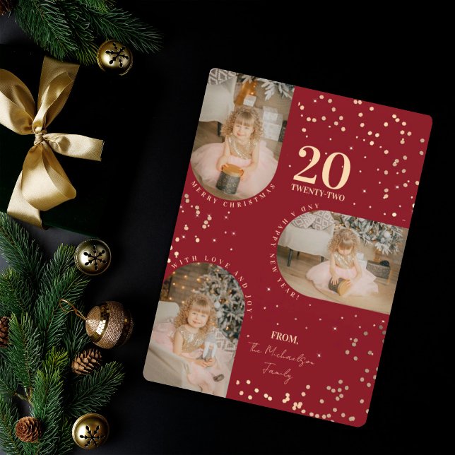 Red Gold Confetti Arch Family Photos Christmas Hol Holiday Card (Creator Uploaded)