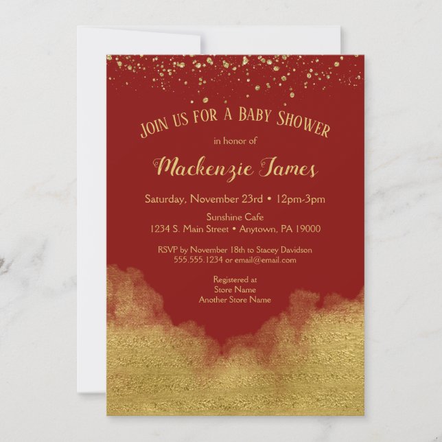 Red Gold Confetti Baby Shower Invitation Neutral (Front)