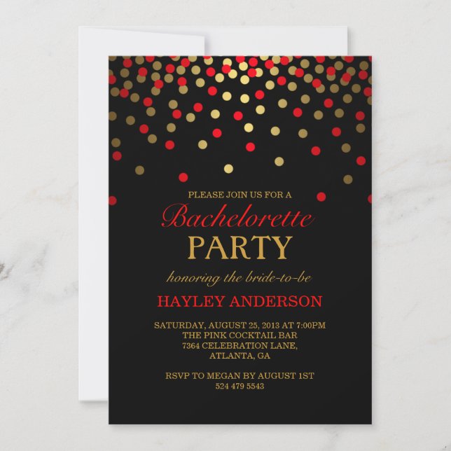 Red & Gold Confetti Bachelorette Invitation (Front)