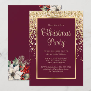 Red Gold Confetti Botanical Christmas Party Invitation
