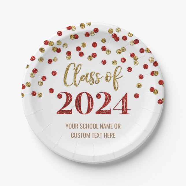 Red Gold Confetti Graduation 2024 Paper Plate (Front)
