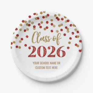 Red Gold Confetti Graduation 2026 Paper Plate