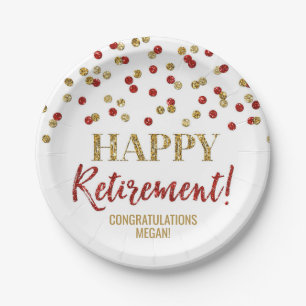 Red Gold Confetti Happy Retirement Paper Plate
