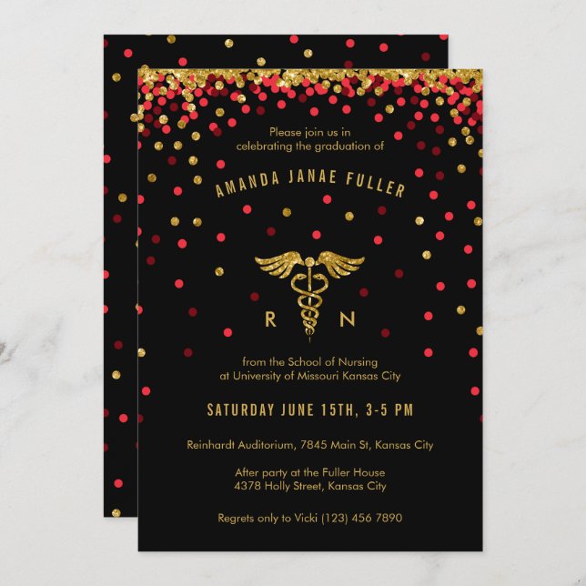 Red & Gold Confetti Nursing Graduation Invitation (Front/Back)
