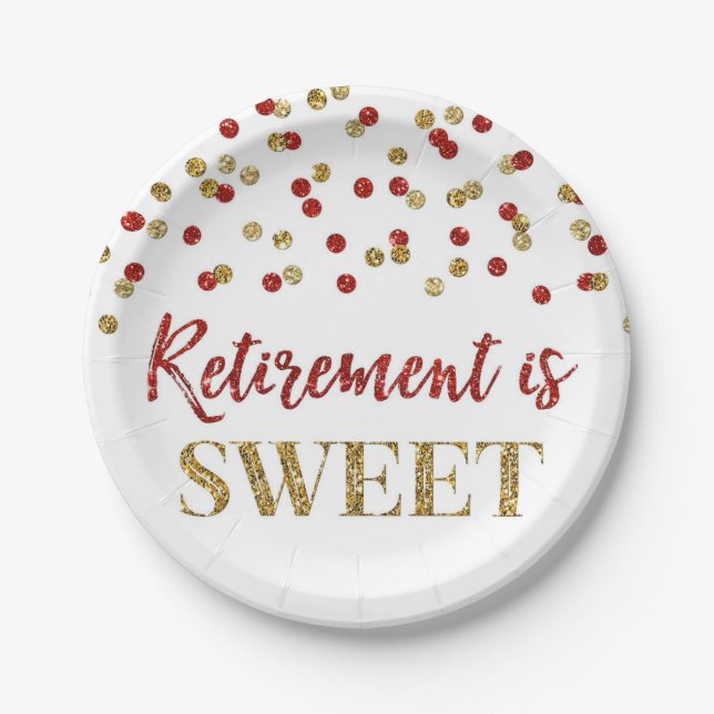 Red Gold Confetti Retirement is Sweet Paper Plate (Front)