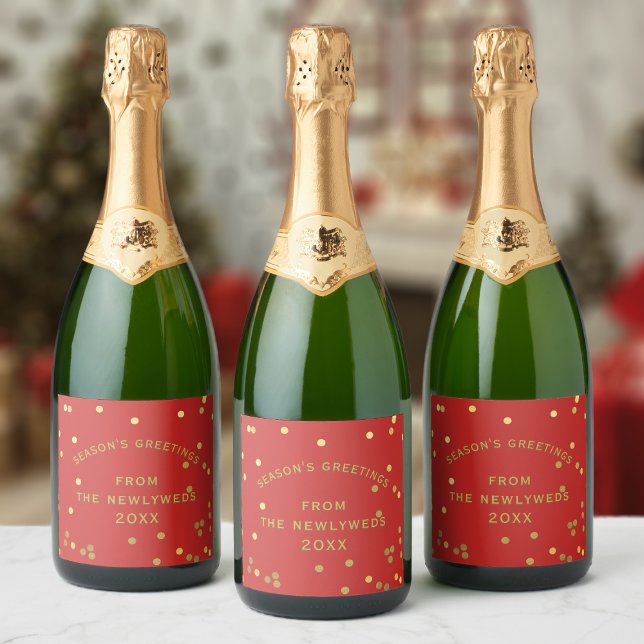 Red Gold Confetti Season's Greetings Wine Label (Red and gold confetti wine labels for your Season's Greetings. Just add your name)