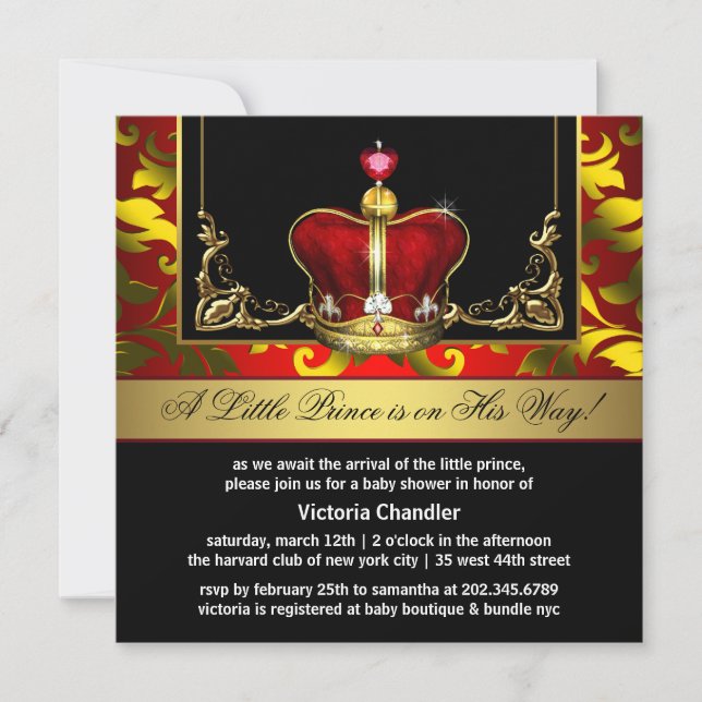Red Gold Crown Prince Baby Shower Invitations (Front)