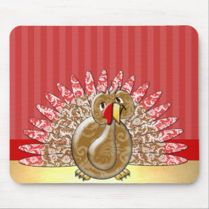 Red Gold Cute Cartoon Turkey Damask Pattern Mouse Pad