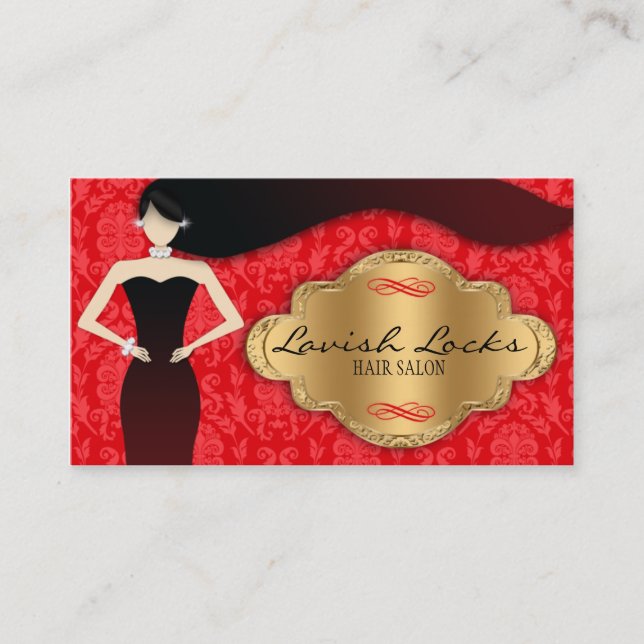 Red Gold Damask Hair Stylist Salon Business Card (Front)