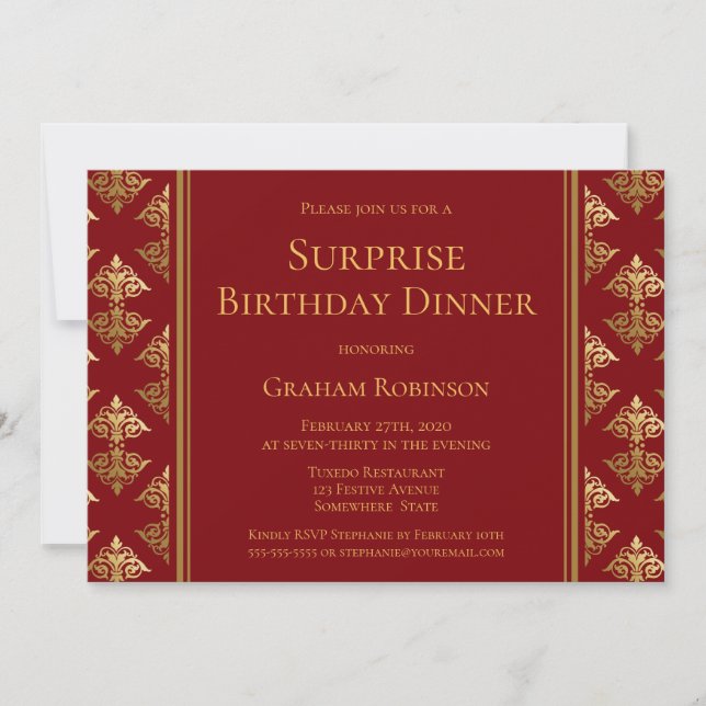 Red Gold Damask Surprise Birthday Dinner Invitation (Front)