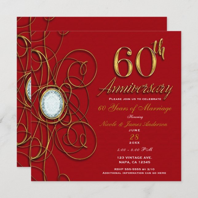 Red & Gold Diamond 60 60th Anniversary Invitation (Front/Back)