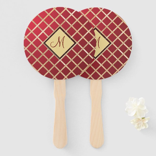 Red Gold Diamond Geometric Monogram Custom Hand Fan (Front and Back)