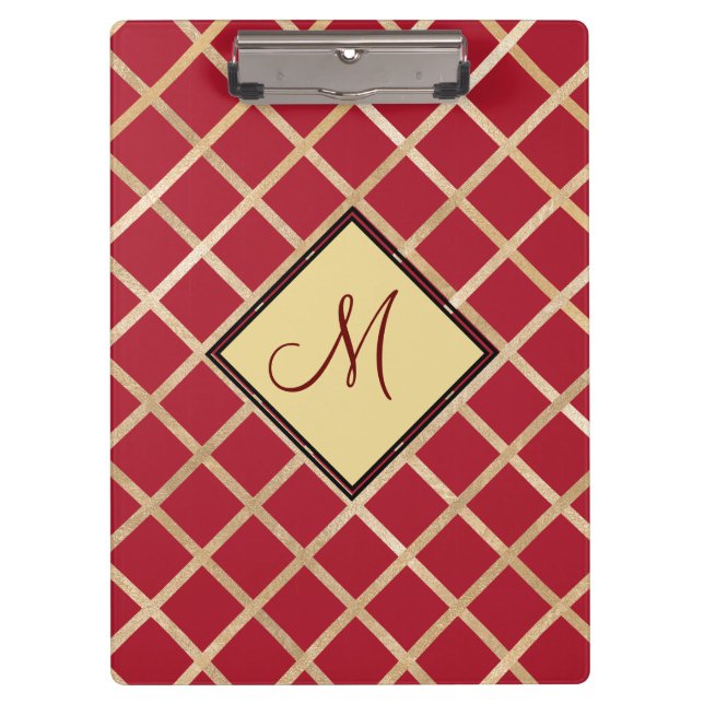 Red Gold Diamond Geometric Pattern Monogram Clipboard (Front)