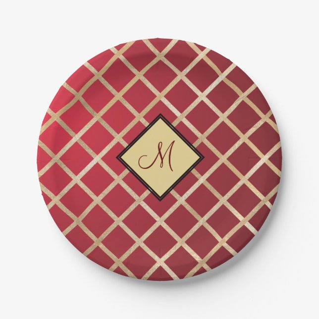 Red Gold Diamond Geometric Pattern Monogram Paper Plate (Front)