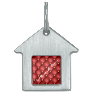 Red Gold Diamond Tufted Pet ID Tag Custom Text