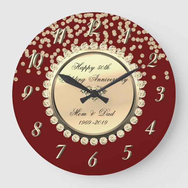 Red Gold Diamonds 25th Wedding Anniversary Large Clock (Front)