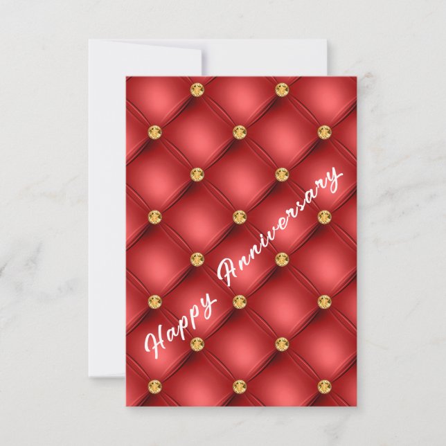 Red Gold Diamonds Tufted Wedding Anniversary Card (Front)