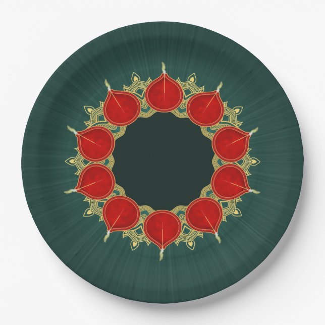 Red & Gold Diyas Mandala Diwali on Teal Paper Plate (Front)
