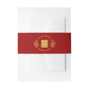 Red gold double happiness floral chinese wedding invitation belly band