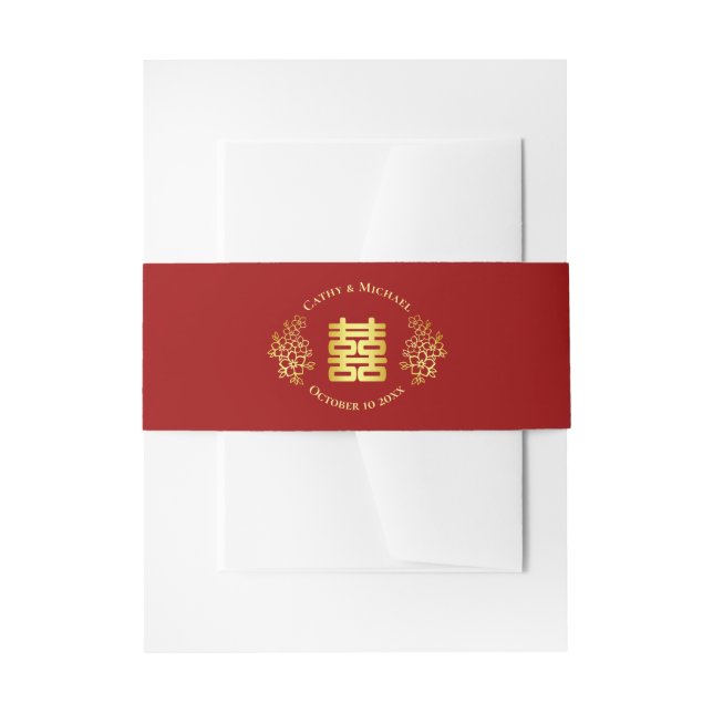 Red gold double happiness floral chinese wedding invitation belly band (Front Example)
