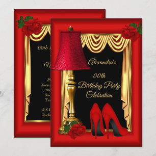 Red Gold Drapes High Heels Roses Birthday Party Invitation