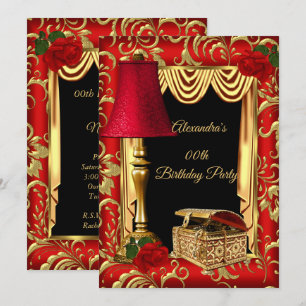 Red Gold Drapes Roses lamp box Birthday Party Invitation