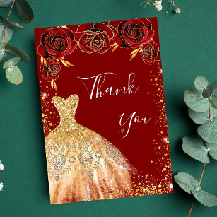 Red gold dress florals glitter birthday thank you card