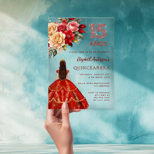 Red gold dress florals roses clear Quinceanera Acrylic Invitations