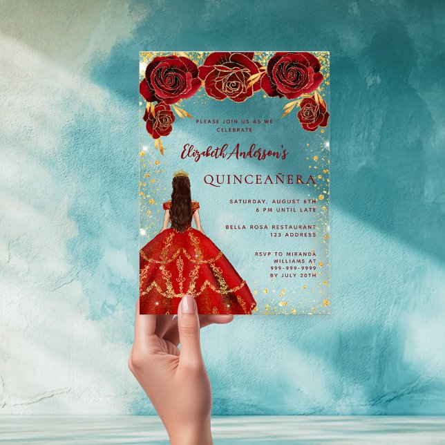 Red gold dress florals roses clear Quinceanera Acrylic Invitations (Creator Uploaded)